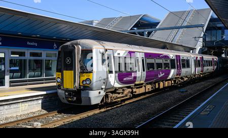Reading, UK - April 1, 2025; Class 387 electric passenger train in Heathrow Express livery at Reading station Stock Photo