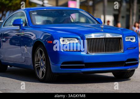 April 3, 2025. Miami. Rolls Royce luxury car on road. Phantom Rolls