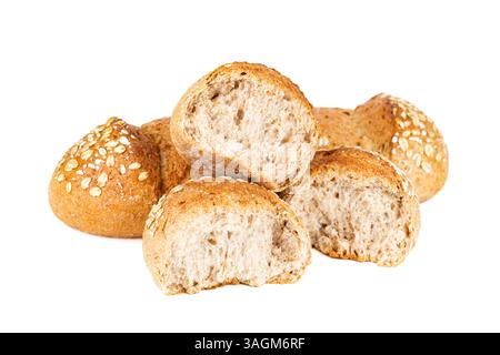 Crispy bread rolls with oat isolated on white background. Fresh crispy bread rolls pieces on white. Stock Photo