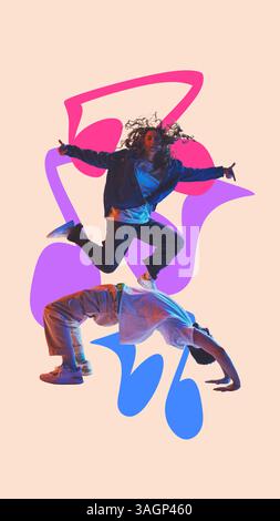 Poster. Conceptual art collage. Girl jumping over male dancer in bridge pose with playful rhythm elements, music notes in pink and purple. Stock Photo