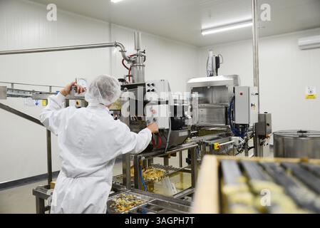 GREYMOUTH, NEW ZEALAND, DECEMBER 28, 2016: A worker operates the extraction unit at a honey processing factory Stock Photo