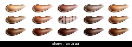 Foundation drops kit with various dark skin tones. Brown shades liquid cosmetic smudges swatches palette for makeup artistry. Diversity beauty product color range samples. Fluid skincare cream smears. Stock Vector