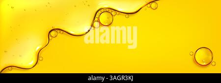 Flowing glossy yellow oil liquid texture with bubbles and wavy shapes, curved lines. Abstract vector background - banner or header design element with smooth vivid golden fluid surface, dynamic drops. Stock Vector
