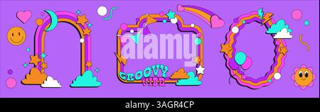 Groovy frames set with smiling face - wavy, curved colorful borders in retro style on purple background. Rainbow gradient outline shapes filled with stars and clouds, hearts and birthday balloons. Stock Vector