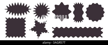 Scallop shape silhouettes set - starburst and circle, rectangle and abstract irregular splash forms. Black simple frames and badges, borders and design elements in minimalist monochrome style. Stock Vector