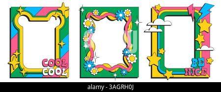 Psychedelic color frames set isolated on white background. Vector cartoon illustration of green borders decorated with stars, clouds, lightning bolts, flowers, poster templates with groovy design Stock Vector