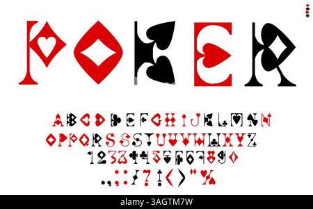 Poker card suit font, casino game typeface, Vegas gambling type, ace English alphabet. typography letters, numbers and symbols with playing card suits as red hearts, black spades, clubs and diamonds Stock Vector