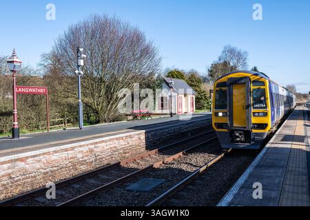 The 15.30 Carlisle bound train approaching Platform 2 at Langwathby station, Westmorland & Furness, Cumbria, UK Stock Photo