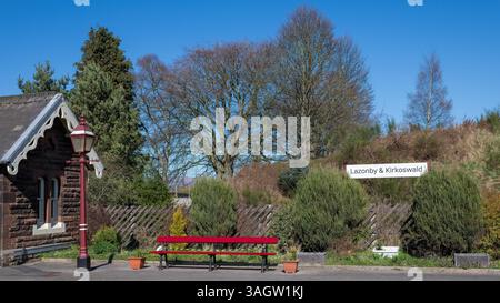 The pastoral backdrop to Platform 1 of Lazonby & Kirkoswald station, Settle-Carlisle railway line, Westmorland & Furness, Cumbria, UK Stock Photo