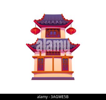 Cartoon Traditional Asian pagoda building with ornate curved roofs, wooden details and red lanterns hanging from the eaves. Vector structure representing Chinese or Japanese architectural heritage Stock Vector