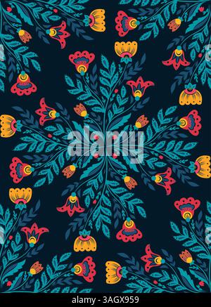 Vector seamless pattern with floral kaleidoscope in folk art style on dark background. Decorative texture with blooming wildflowers mandala for fabric Stock Vector