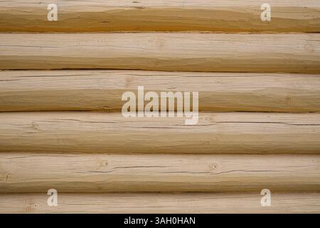 High-resolution texture of a wooden log wall with natural patterns and a warm beige tone. Perfect for rustic designs, architectural projects, or natur Stock Photo