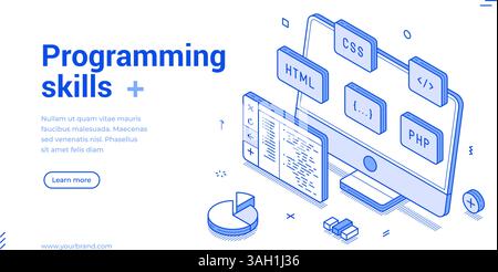 Programming skills computer software development isometric web banner monochrome vector illustration. Code program database desktop engineering websit Stock Vector