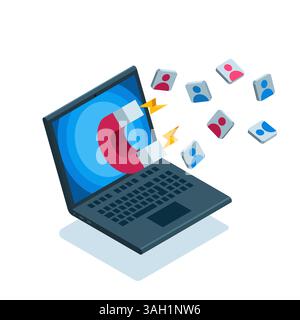 isometric magnet attracts users to the laptop screen in color on a white background, online marketing or attracting customers and subscribers Stock Vector