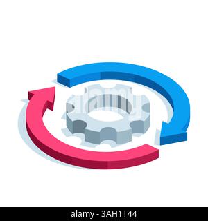isometric gear and arrows around it, in color on a white background, running process or work Stock Vector
