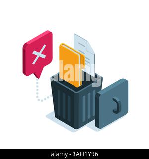 isometric trash can and folder with files in color on a white background, deleting unnecessary data or cleaning up a disk Stock Vector