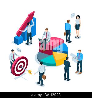 isometric business people near the chart and diagram in color on a white background, office workers or teamwork Stock Vector