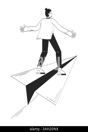 Confident business man riding forward on large paper plane doodle linear character Stock Vector