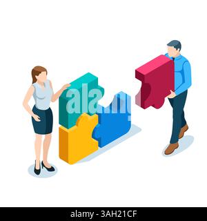isometric man and woman putting together a puzzle in color on a white background, teamwork and mutual assistance Stock Vector