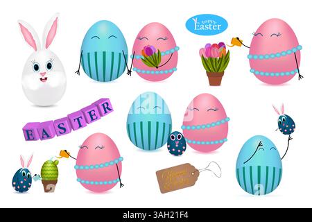 3D clip art set of anthropomorphic eggs characters - Easter bunny, loving couple holding bouquet of tulips, father playing with son. Stock Vector