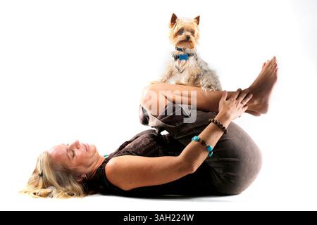 SP 308805 FOUN PBYOGA 2 (07/09/2009 St. Petersburg) Wendy Hessinger, of St. Petersburg, performs a knee-to-chest yoga pose in the St. Petersburg Times studio on July 9, 2009 with her three-year-old Yorkshire terrier Gizmo. (Credit Image: © St. Petersburg Times/ZUMA Press) Stock Photo