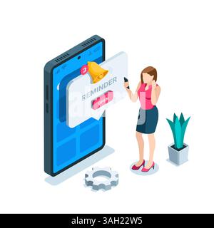 isometric smartphone and bell over text bubble with reminder inscription and button and a woman nearby, in color on white background, alert or reminde Stock Vector