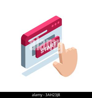 isometric hand presses a button with the word start, in color on a white background, startup or surfing the internet Stock Vector