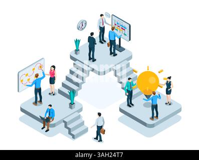 isometric office with working people in color on a white background, office workers or teamwork Stock Vector