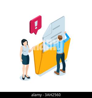 isometric man takes out a document in color from a folder on a white background, work with documentation or working folder Stock Vector