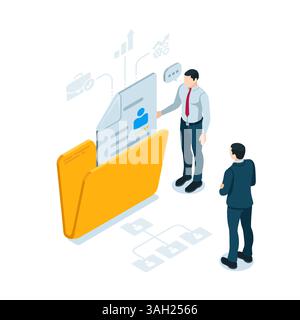 isometric man with a folder and a questionnaire in color on a white background, recruitment or job candidate folder Stock Vector