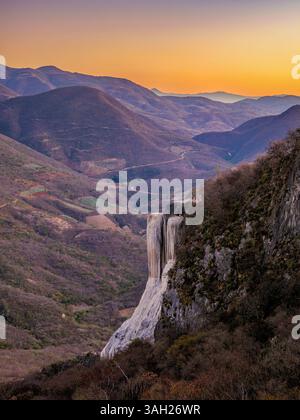 Petrified Waterfall at dusk, elevated view, Hierve el Agua, San Lorenzo Albarradas, Oaxaca State, Mexico Stock Photo