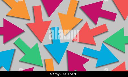 Bright colorful arrows background. Colored 3d arrows. Various arrows with shadows on grey. Creativity and ideas concept. Stock Vector