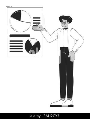 Hispanic male employee presenting pie charts and data visualization doodle linear character Stock Vector
