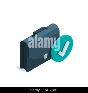 isometric business briefcase with check mark icon in color on white background, acceptance or approval Stock Vector