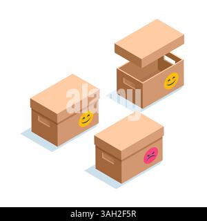 isometric box with a smiley in color on a white background, a box with slots in the form of handles for carrying office items Stock Vector