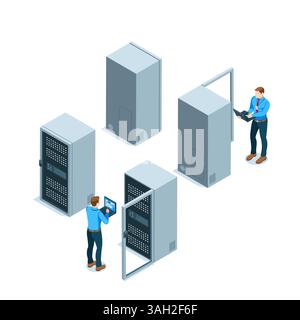 isometric man with a laptop near the server, in color on a white background, server room or data storage and processing equipment Stock Vector