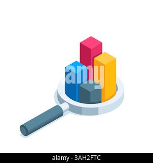 isometric chart in a magnifying glass, in color on a white background, working with statistics or analytics Stock Vector