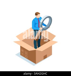 isometric man with a magnifying glass in an open cardboard box, in color on a white background, unpacking a parcel or searching Stock Vector