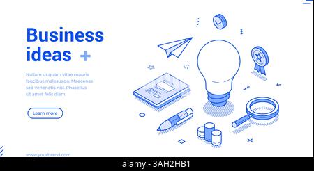 Business innovation idea startup strategy brainstorming isometric web banner vector illustration. Creative solution generation productivity and effici Stock Vector