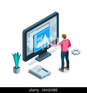 isometric man working in a graphics program with an image on a computer screen in color on a white background, designer or illustrator Stock Vector