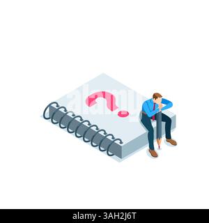 isometric business man with a pencil in a thoughtful pose sitting on a notepad with a question mark, in color on white, problem or search for a soluti Stock Vector