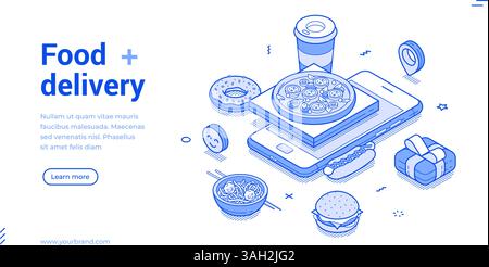 Food delivery smartphone online application monochrome isometric web banner vector illustration. Internet meal order menu courier service mobile phone Stock Vector