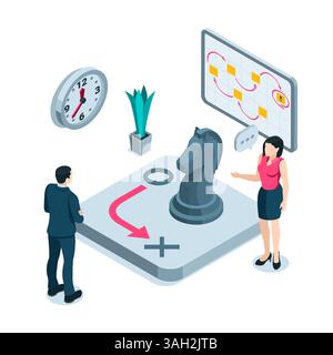 isometric people near a platform with a chess horse and a wall poster with a plan in color on a white background, teamwork in business or developing a Stock Vector