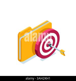 isometric folder and a target with an arrow, in color on a white background, achieving success or successfully executing a plan Stock Vector