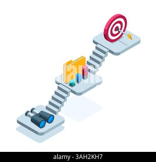 isometric platforms connected by steps with icons of a benocular and a folder with a chart, as well as targets with an arrow in color on a white backg Stock Vector