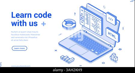 Programming coding soft development course isometric web banner monochrome vector illustration. Big data processing computing code learning education Stock Vector