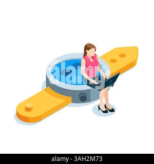isometric business woman with laptop sitting on smartwatch, in color on white background, digital gadgets at work Stock Vector