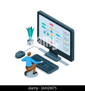 isometric man working at a computer, in color on a white background, constructing a program diagram or plan Stock Vector