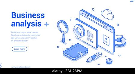 Business analysis financial strategy development internet browse isometric web banner vector illustration. Market research product testing data analyz Stock Vector