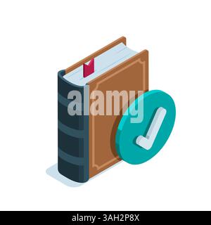 isometric book and checkmark in color on a white background, online library or bookstore Stock Vector